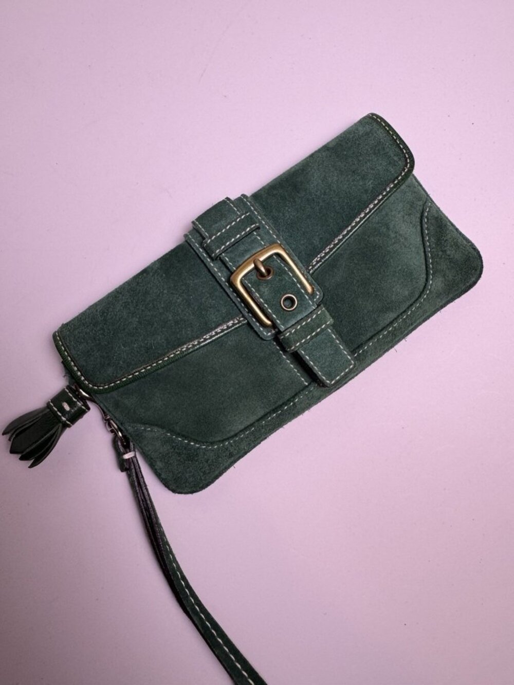 VTG Y2K Coach Emerald Green Suede Tassel Buckle Wristlet